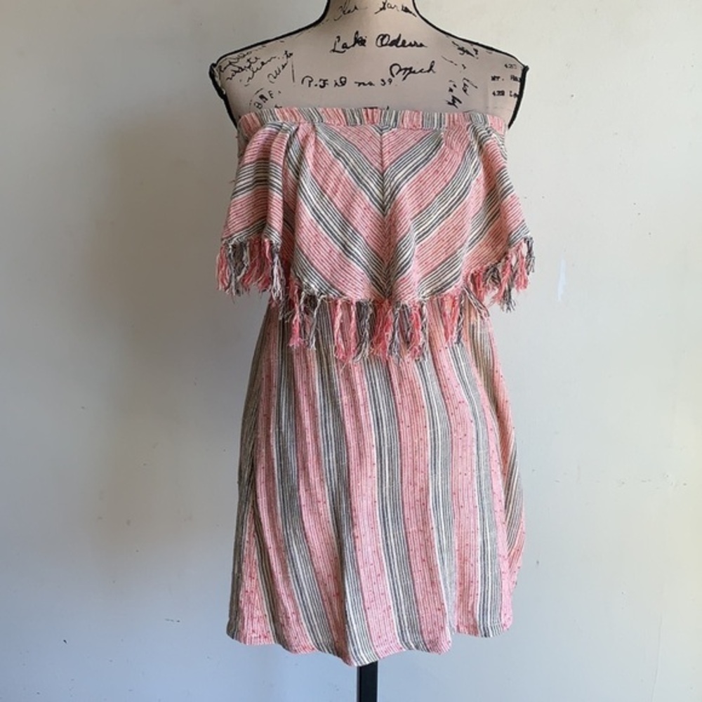 Billabong Strapless Fringe Chevron Striped Mini Dress